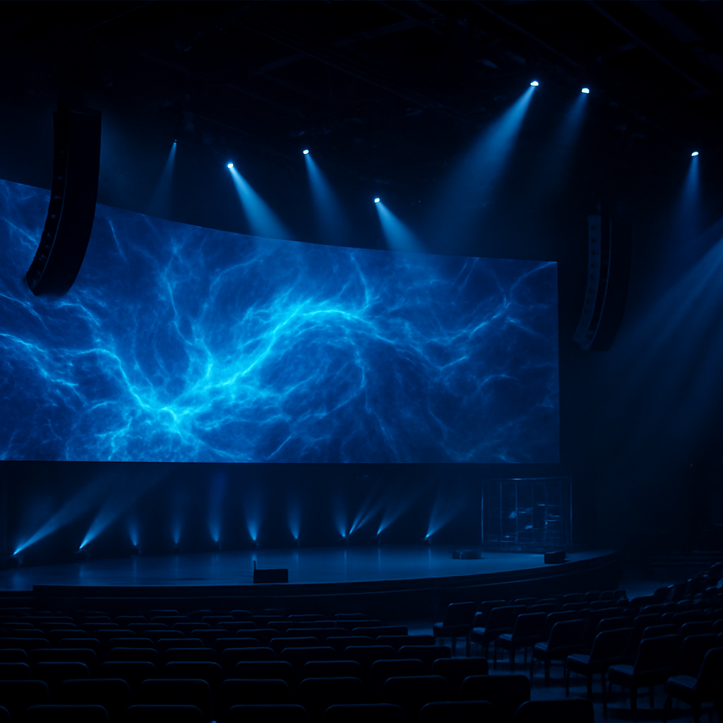 Large modern church production system with LED video wall and stage lighting